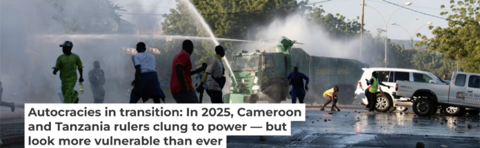 Protesters run as Cameroonian security forces use water cannons to disperse them during the country’s latest election, whose integrity was widely challenged. AP Photo/Welba Yamo Pascal